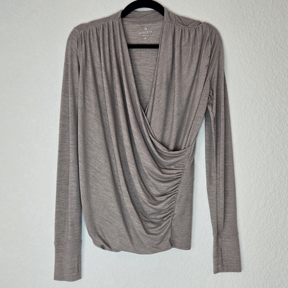 Athleta s tan long‎ sleeve ruched wrap activewear top - Picture 1 of 6